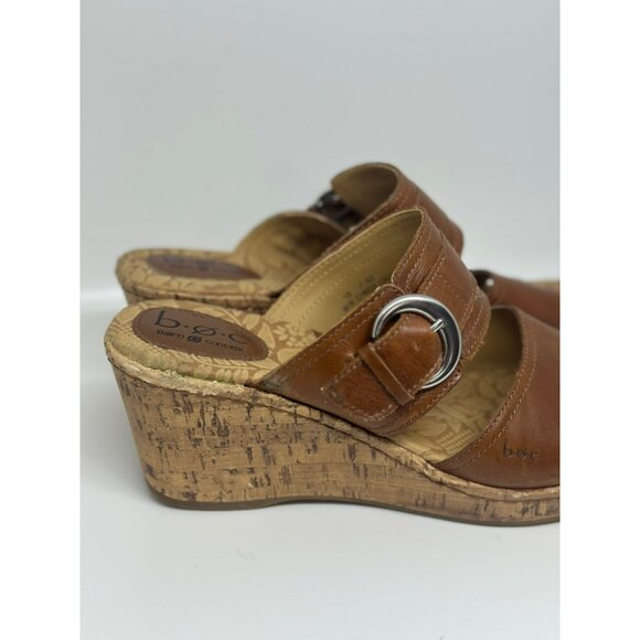 BOC Brown Leather Cork Wedge Sandals Buckle Heels C19023 Women Size 10 - Picture 2 of 10